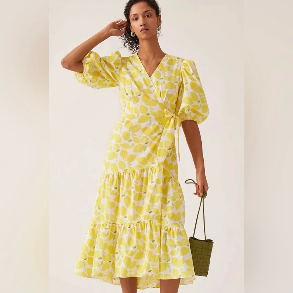 Hutch Lemon Print Wrap Dress Yellow White Puff Sleeve Midi Small NWT